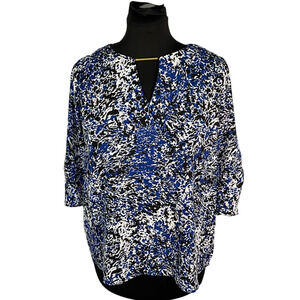 Harve Benard Black an Blue Splatter Print Ruched Sleeve Blouse, Size L
